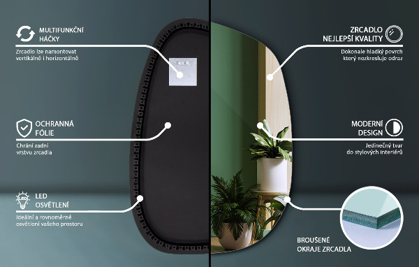 Asymetrické zrkadlo škvrna s led osvetlením 55x38 cm