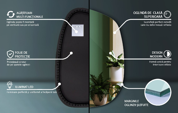 Asymetrické zrkadlo škvrna s led osvetlením 55x38 cm