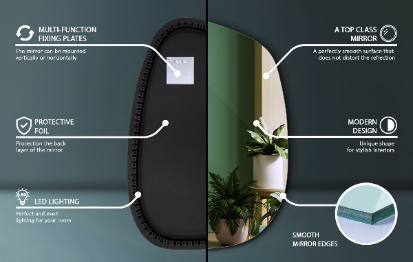 Asymetrické zrkadlo škvrna s led osvetlením 68x47 cm