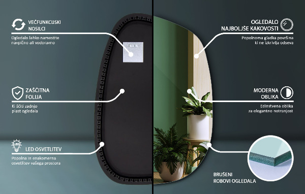 Asymetrické zrkadlo škvrna s led osvetlením 91x66 cm