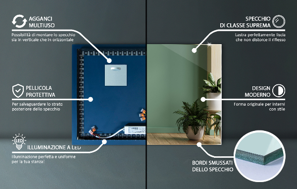 Podsvietene obdĺžnikové zrkadlo 50x50 cm