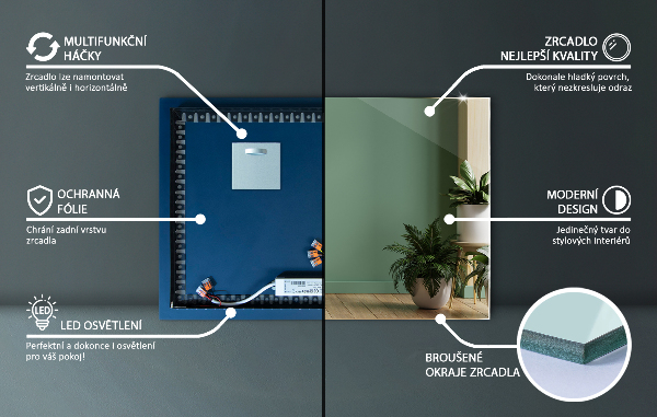 Obdĺžnikové zrkadlo s led 70x50 cm