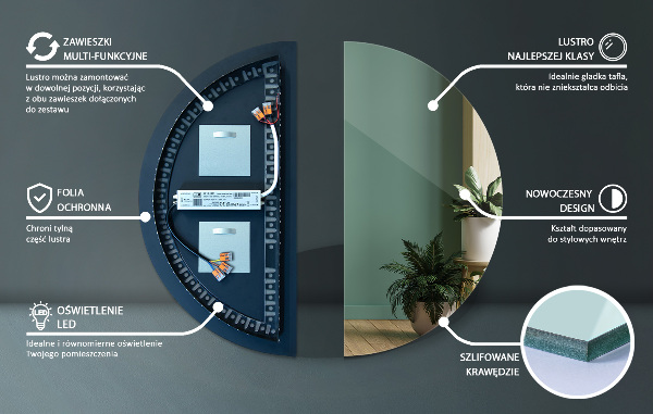 Polkruhové zrkadlo s led na stenu 25x50 cm