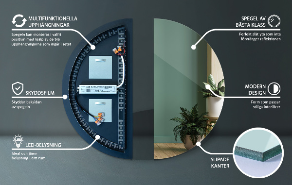 Polkruhové zrkadlo bez rámu s led 30x60 cm