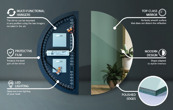 Podsvietene polkruhové zrkadlo bez rámu 35x70 cm