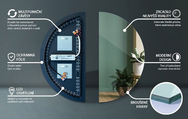 Polkruhové zrkadlo s osvetlením 45x90 cm