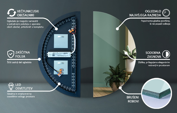Polkruhové zrkadlo s osvetlením 45x90 cm