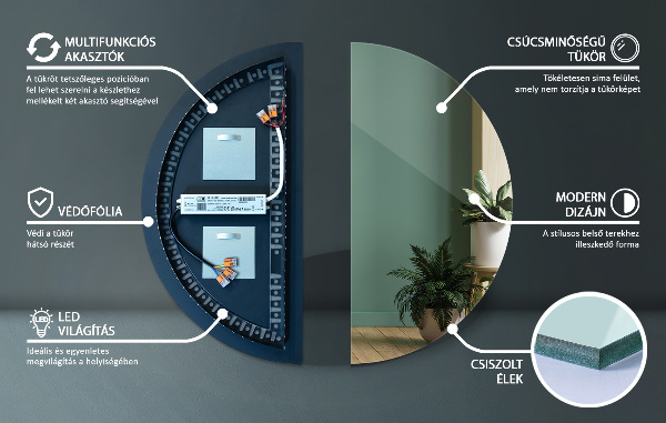 Polkruhové zrkadlo s led osvetlením 50x100 cm