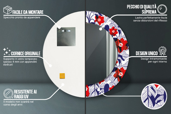 Filodendron a červené kvety Okrúhle zrkadlo s motívom