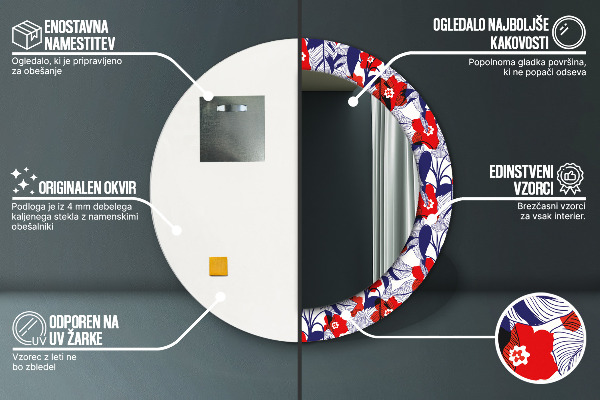 Filodendron a červené kvety Okrúhle zrkadlo s motívom