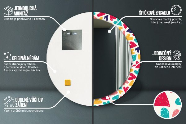 Farebné srdcia Okrúhle dekoračné zrkadlo