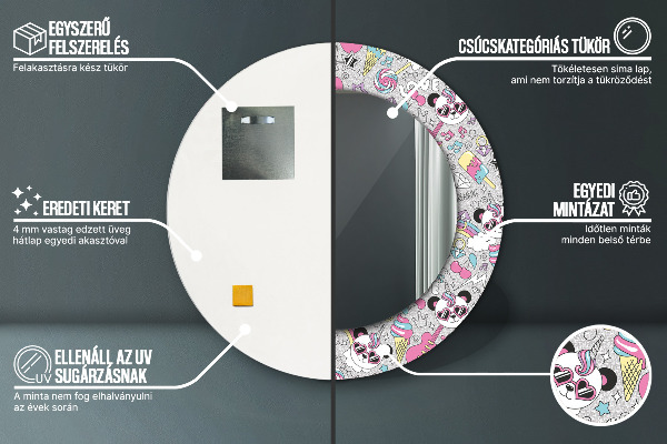 Panda Unicorn Okrúhle dekoračné zrkadlo na stenu