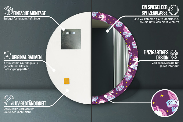 Jednorožec Okrúhle dekoračné zrkadlo na stenu