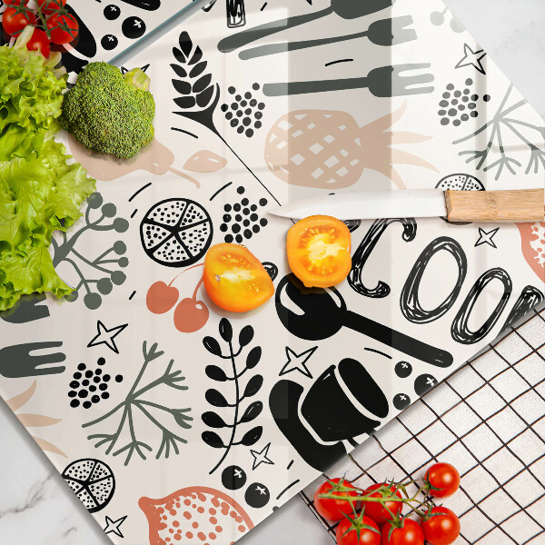 Sklo za varnú dosku Kreslený kuchynský motív