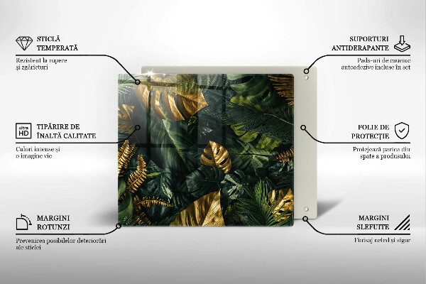 Kalené sklo za sporák Zlaté listy monstera