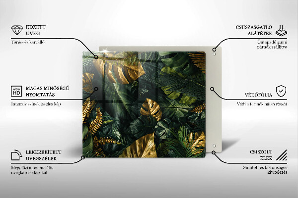 Kalené sklo za sporák Zlaté listy monstera