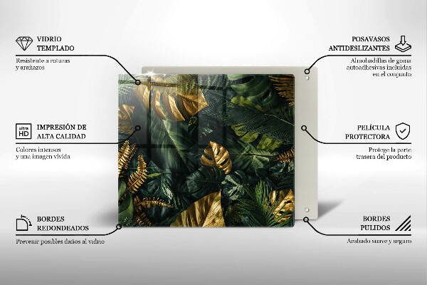 Kalené sklo za sporák Zlaté listy monstera