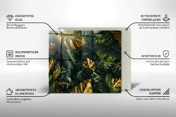 Kalené sklo za sporák Zlaté listy monstera