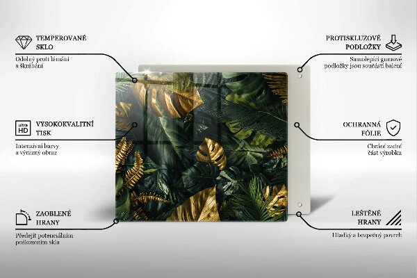 Kalené sklo za sporák Zlaté listy monstera