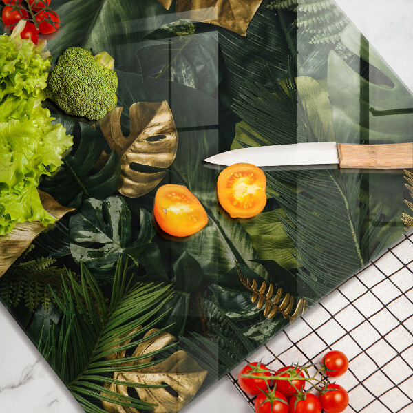 Kalené sklo za sporák Zlaté listy monstera