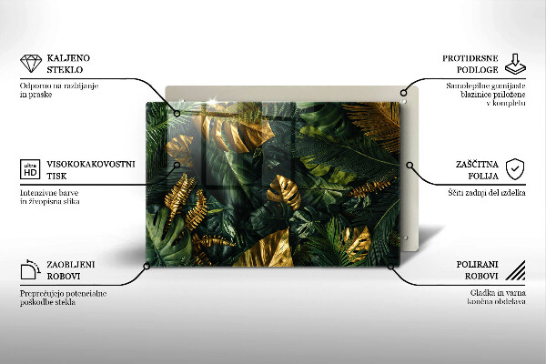 Kalené sklo za sporák Zlaté listy monstera