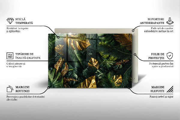 Kalené sklo za sporák Zlaté listy monstera