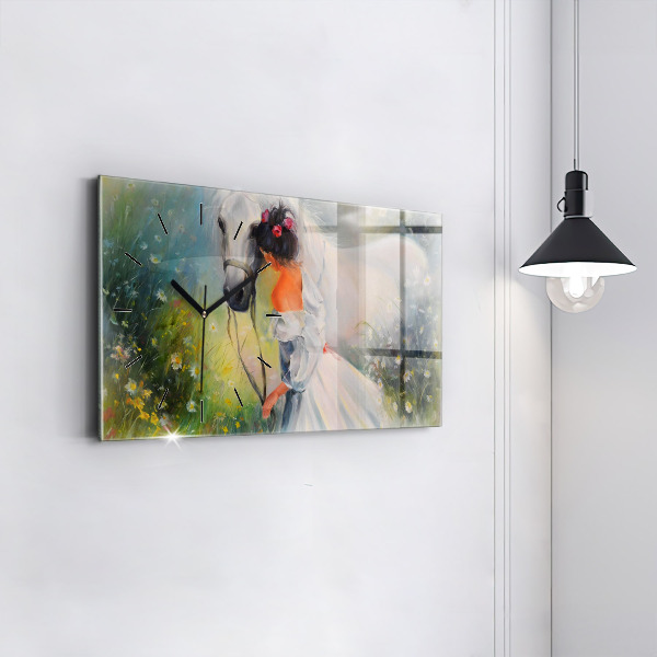 Horizontálne hodiny Krásna žena s koňom