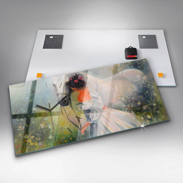 Horizontálne hodiny Krásna žena s koňom