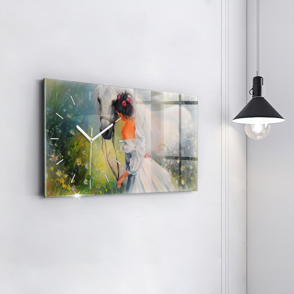 Horizontálne hodiny Krásna žena s koňom