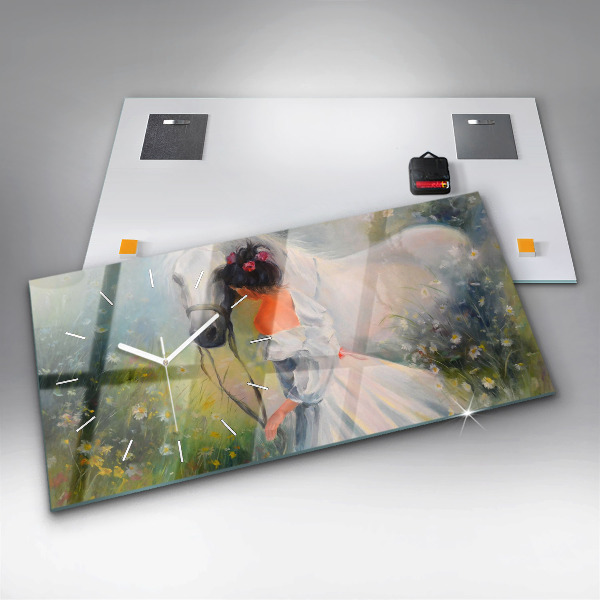 Horizontálne hodiny Krásna žena s koňom