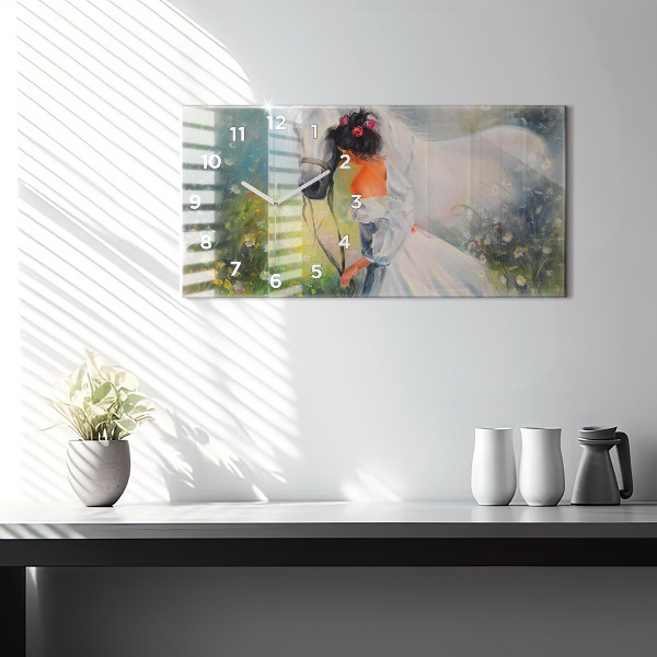 Horizontálne hodiny Krásna žena s koňom