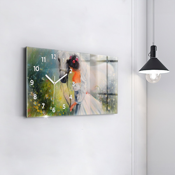 Horizontálne hodiny Krásna žena s koňom