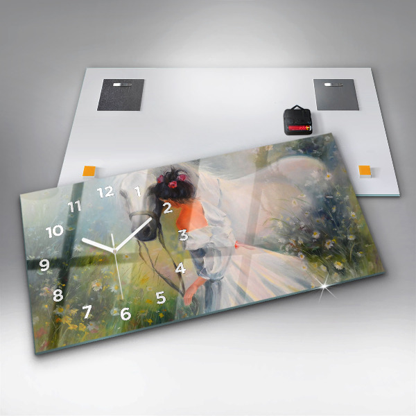 Horizontálne hodiny Krásna žena s koňom