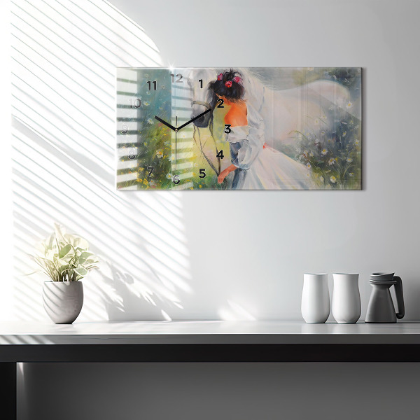 Horizontálne hodiny Krásna žena s koňom