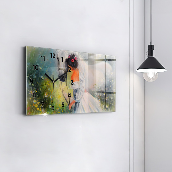 Horizontálne hodiny Krásna žena s koňom