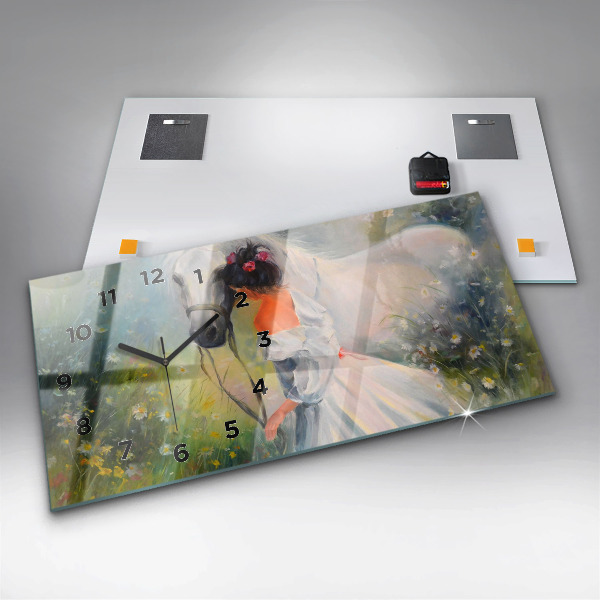 Horizontálne hodiny Krásna žena s koňom