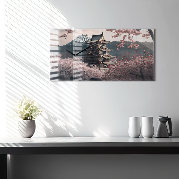 Horizontálne hodiny Ázijská veža Cherry Blossom