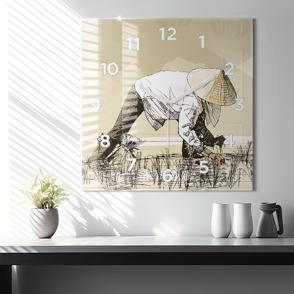 Štvorcové hodiny Žena zbiera ryžu