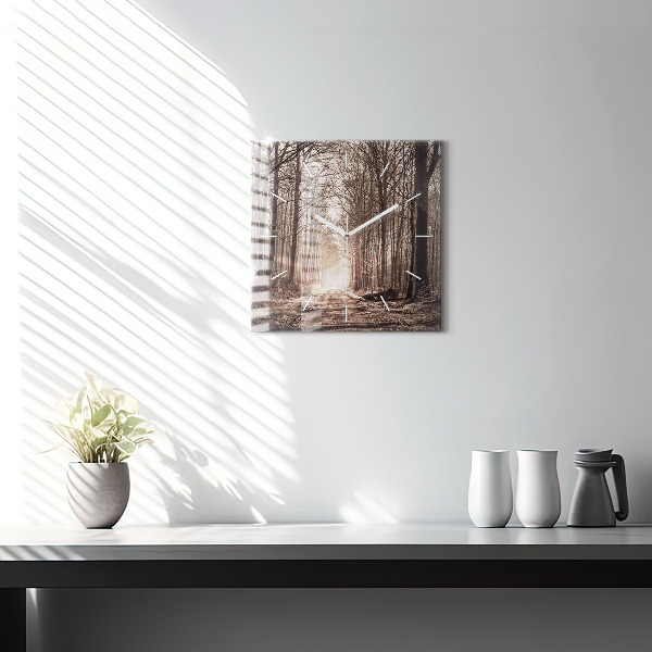 Štvorcové hodiny Lesná cesta v sépiovej farbe