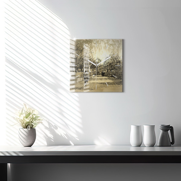 Štvorcové hodiny Park a stromy v sépiovej farbe