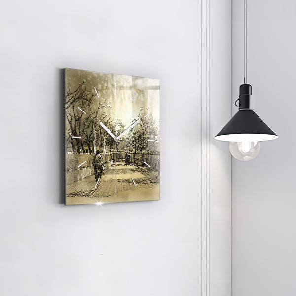 Štvorcové hodiny Park a stromy v sépiovej farbe