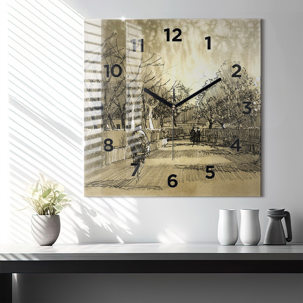 Štvorcové hodiny Park a stromy v sépiovej farbe