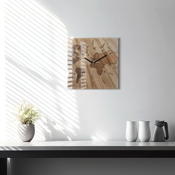 Štvorcové hodiny Mapa sveta na dreve