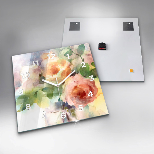 Štvorcové hodiny Ruže vo váze s akvarelom