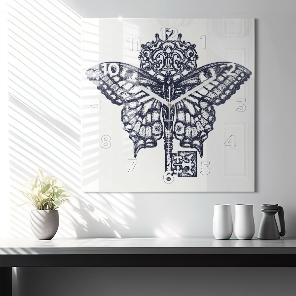 Štvorcové hodiny Motýľ a kľúč - boho štýl