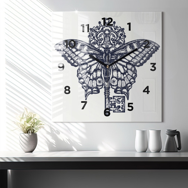Štvorcové hodiny Motýľ a kľúč - boho štýl