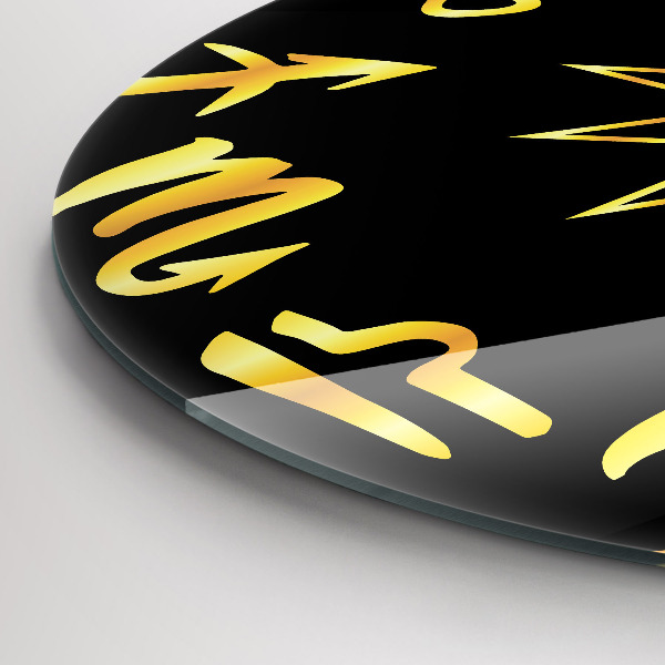 Okrúhle sklenené hodiny Zlaté znamenia zverokruhu a slnko